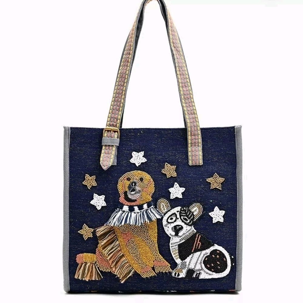 Adorable Dog Creature Tote Beaded Pet Dog Loyal GuardianTote Bag Handmade
